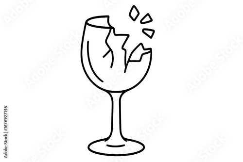 Broken wine glass line vector illustration, shattered glass concept, delicate fragile drinkware, crack damage symbol, transparent background cartoon style design