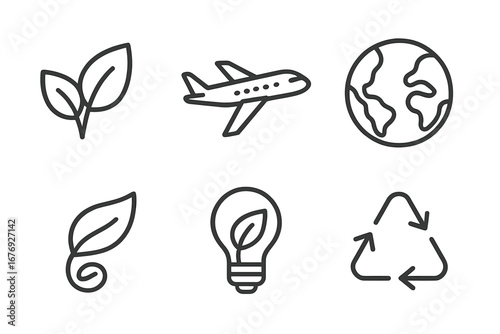 Eco Line Icon Set. Sustainable Environment, Leaves, Airplane, Earth Globe, Lightbulb, Recycling, Nature Conservation, Green Energy, Zero Waste, Outline Vector for Apps, Web, Print, Advertising