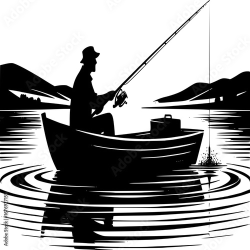Silent Angler's Solitude: A silhouette of a lone fisherman finds solace amidst tranquil waters, casting his line towards an unseen bounty. The scene evokes a sense of peace and connection with nature.
