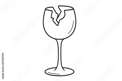 Broken wine glass vector illustration, linear design of cracked stemware, concept for graphics, apps, and design projects, transparent background, isolated cartoon style