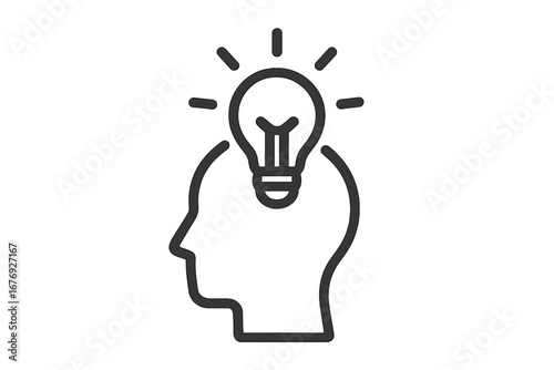 Light bulb in head icon for new idea, inspiration, innovation and creativity. Human mind thinking. Brainstorming solution concept. Minimalistic linear vector pictogram design.