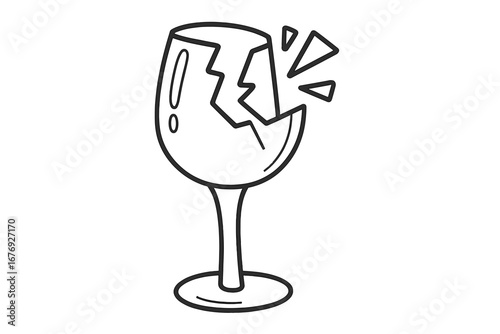 Linear illustration of broken wine glass, cracked glass concept, vector cartoon drawing for graphics design, app icons, transparent background, collection set