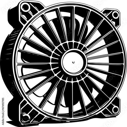 Industrial Fan in Monochrome: A powerful monochrome illustration depicts a sturdy industrial fan, showcasing its intricate design and robust functionality. The image suggests efficiency, reliability.