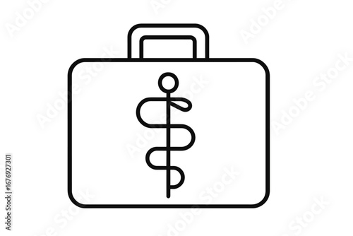 Minimalistic Medical Briefcase with Staff of Asclepius Symbol, Linear Vector Icon for Health Care, Medical Services, Clinic, Pharmacy, Emergency Kit, Web and Graphic Design Elements