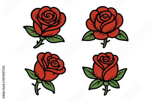 Set of red rose flower vector illustrations. Hand-drawn vintage old school tattoo style. Romantic floral design elements for logo, sticker, or icon. Love symbol collection.