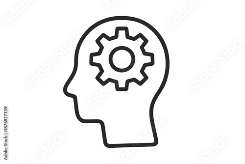 Thinking process icon. Head silhouette with gear inside. Symbol of logic, rational thinking, problem solving. Concept of creativity, innovation, brainstorming, mindset.