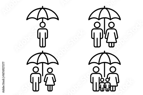 Thin Line Insurance Icon Set. Family, People, Protection, Umbrella. Safety, Risk Coverage, Security, Life Policy. Modern Vector Outline Sign Pack for Web Design, App, Ad, Marketing, Card, Print Use