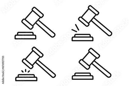 Judge gavel outline icon set, legal decision concept, editable stroke vector illustration. Law, court, auction symbols. Justice, legal system, courthouse, infographics, books, banners, transparency.
