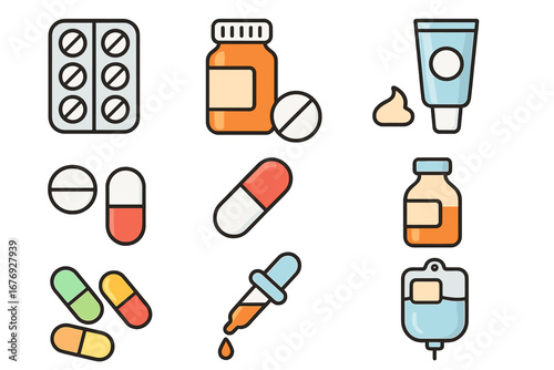 Medical Treatment and Medication Icon Set. Colorful Vector Cartoon Illustrations of Pills, Tablets, Capsules, Syringes, Bottles, Droppers, Creams, IV Bags, Drug Containers, Pharmacy Elements