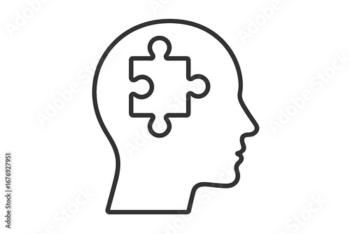 Psychology concept with human head silhouette and jigsaw puzzle piece. Mental health, autism awareness, logic, problem-solving, and finding a solution. Metaphor for thought.