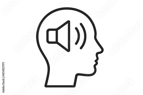 Inner voice, opinion, and self-talk concept. Head silhouette with a loudspeaker symbolizing an extrovert, propaganda, or communication. Psychology and mental state metaphor.