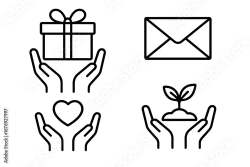 Minimalist linear icon set gift charity present donation globe mail heart nature hands symbols. Cartoon vector collection for infographic web apps concept UI UX design graphic elements.