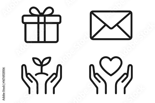 Vector line icon set for charity, donation, and community support. Icons of gift box, mail, hands holding heart and plant. Concepts for volunteering, giving, love, and growth.