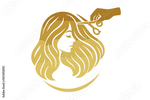 Golden hair salon logo with elegant woman profile. Beauty parlor icon with hairdresser cutting long hair. Luxury coiffure and haircut symbol for fashion, spa, and cosmetics.