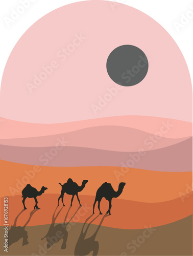 Desert Landscape with Camels—Minimalist Sunset Vector Illustration
