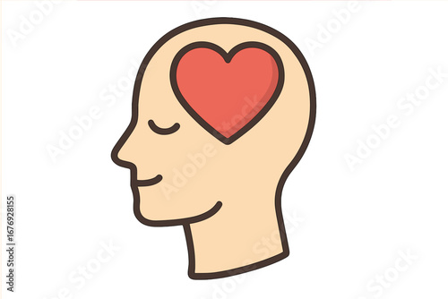 Human head with heart instead of brain. Concept of love, feelings, emotions, and mental health. Psychology, emotional intelligence, empathy, and compassion vector symbol.