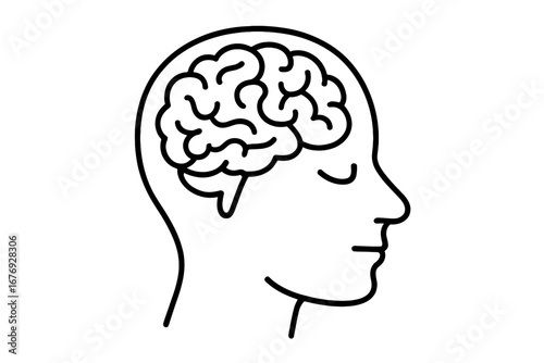 Human head profile with brain inside. Line art icon for psychology, intelligence, and mental health concepts. Vector illustration of thinking, mind, knowledge, and creativity.