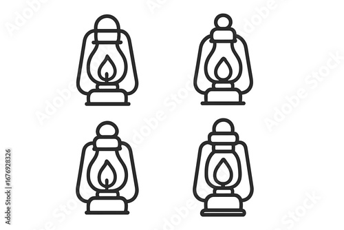 Vintage kerosene lantern outline icon set. Minimalist vector oil lamp symbols for web, app, banner, camping gear, retro lighting, line illustration. Traditional antique lantern graphic elements