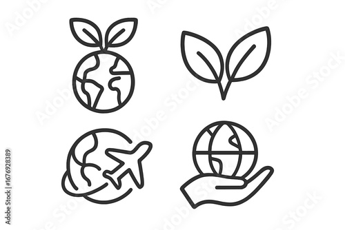 Set of global sustainability eco line icons, leaves, airplane, nature outline symbols, travel earth conservation signs for graphic, web design, app interface, card, advertisement usage