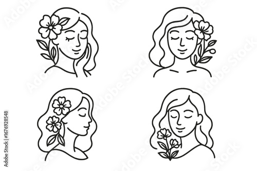 Woman face line art logo set. Feminine beauty salon & spa icon collection. Elegant floral girl head illustration. Natural cosmetic & wellness brand identity. Vector portrait.