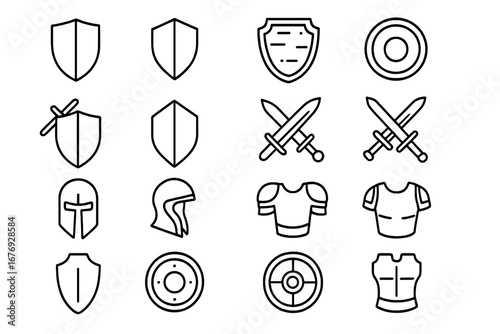 Shield and Armor Icon Set, Outline Vector Collection of Medieval Protective Gear, Swords, Helmets, Body Armor, Shields, Defensive Equipment for Graphic Design, Web, Cards, Articles