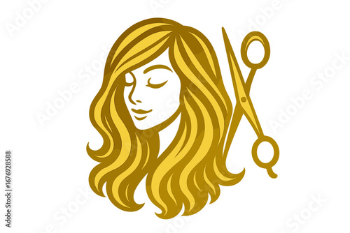 Golden logo for hair salon with woman silhouette and scissors. Vector icon for hairdresser, beauty studio, or stylist. Elegant glamour female face with beautiful hairstyle design.