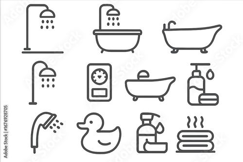 Shower and Bathtub Bundle of Related Outline Line Icons, Bathroom Symbols for Graphic Design, Web Design, Apps, Adverts, Cards, Vector Cartoon Illustration Set