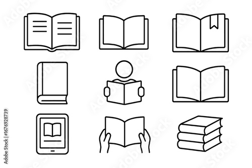 Hand Drawn Book and Reading Outline Icons Set. Editable Stroke Vector Illustrations for Websites Apps Cards Ebooks Bookstore Library Education Study Reading Tablet Stack Open Closed Books