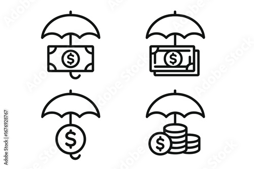 Financial Security Protection Icons Set. Money, Dollar Bill, Coin, Stack Under Umbrella. Line Art Insurance Symbols. Savings, Wealth Safety, Cash Safeguard. Outline Vector for Web, Apps, Ads
