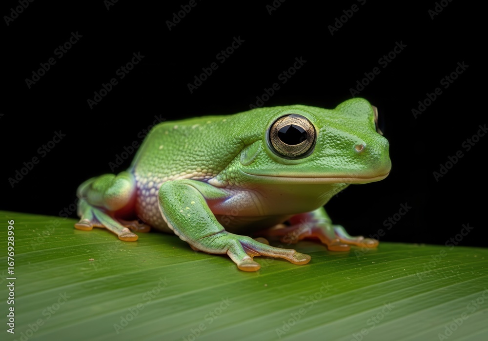 Obraz premium Exotic green tree frog portrait resting atop lush foliage, focused details