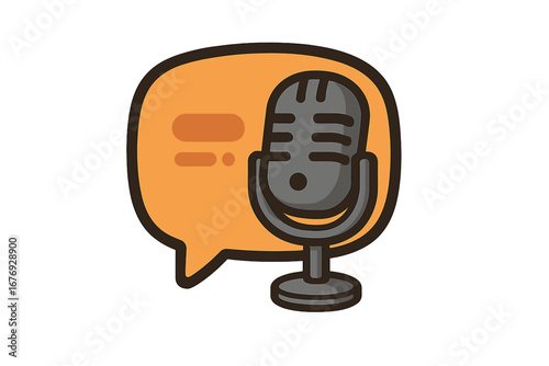 Podcast microphone with speech bubble icon. Vector cartoon for radio show, interview, or broadcast. Audio recording and communication concept. Voice chat logo for live stream.