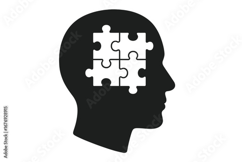 Psychology concept for mental health. Head silhouette with jigsaw puzzle. Symbol of thinking, logic, problem solving, memory, intelligence, solution, therapy and creativity.