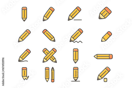 Set of colorful minimalistic pencil icons in various styles and actions including writing, crossing, shading, and erasing for graphic design, web, apps, and social media use