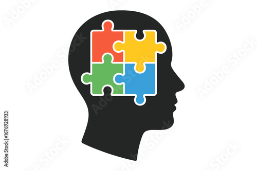 Human head silhouette with colorful puzzle pieces. Concept for psychology, mental health, autism, logic, problem-solving, creativity, memory, and intellectual process vector.