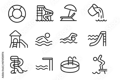 Pool and Water Park Outline Icon Set. Vector Cartoon Illustration of Swimming Resort, Lifeguard, Slides, Loungers, Swimmers, Playground, Diving Board, Kiddie Pool, Summer Recreation Symbols