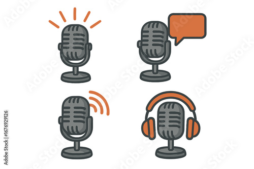 Set of microphone icons for radio, podcast logo design. Vector cartoon illustration of broadcast, interview, sound recording symbols. Mic with speech bubble and headphones.