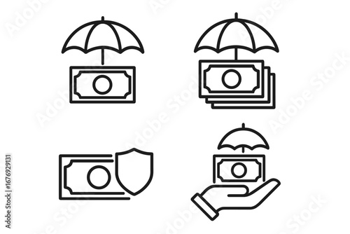 Money Protection Insurance Line Icons Set. Financial Security, Cash Under Umbrella, Shield, Safe Savings, Money Guard, Banking Protection Concept for Web, Apps, Business, Investment, Finance Design