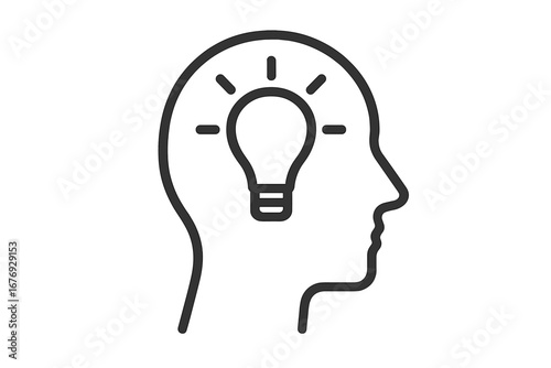 Human Head Silhouette With Light Bulb Idea Icon. Creativity Innovation Thinking Brainstorm Vector Concept. Outline Inspiration Sign. Solution Mind Symbol For Web Design, App, Business, Education