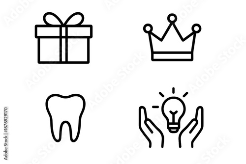 Icon set with gift, crown, tooth, and lightbulb in hands. Vector symbols for concepts like charity, reward, premium quality, dental care, innovation, creativity, and new ideas.