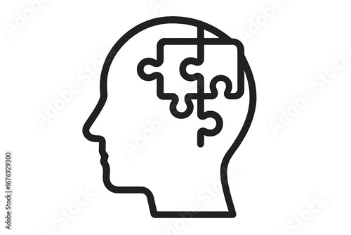 Human head silhouette with jigsaw puzzle pieces, abstract brain, mental health, psychology concept, cognitive science, problem solving, intelligence, neurological disorder, outline vector illustration