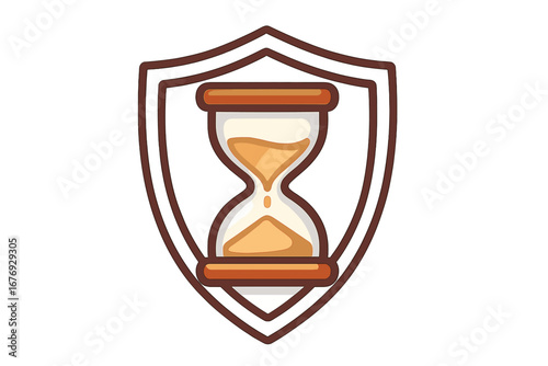Hourglass in shield vector icon. Concept of time protection, security, deadline, guarantee. Sandglass timer symbol for web design, apps. Limited time, countdown, safety sign.