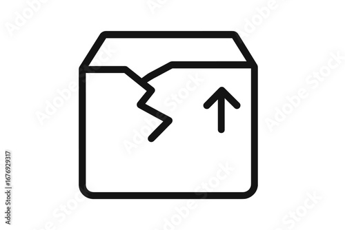 Simple linear icon of broken box with arrow upward, minimalistic linear pictogram for web and graphic design, apps, banners, social networks, cards, vector cartoon illustration