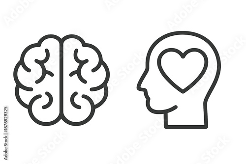 Simple linear icon of brain and mental health with heart in head silhouette, minimalistic linear pictogram for web design, apps, banners, social media, cards, and graphic projects