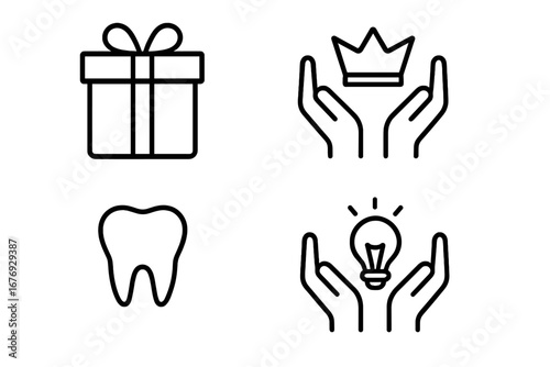 Charity gift outline icon set with hands holding crown, hands with lightbulb, present box, tooth. Donation, giving, care, creativity, reward, healthcare symbols for web, branding, cards, apps