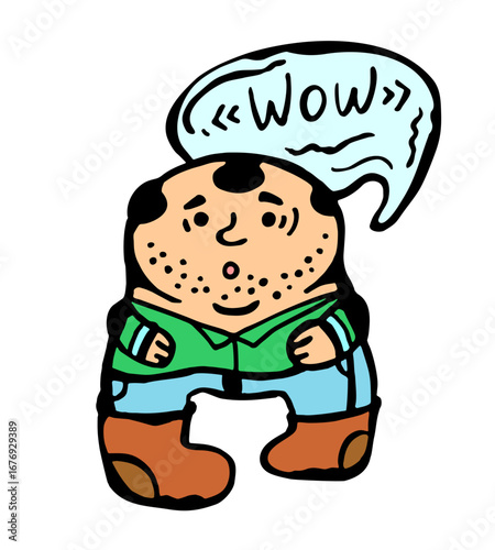 
Vector colored illustration of a boy walking feebly and exclaiming in surprise