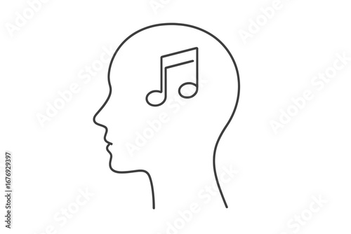Concept of music on the mind. Head profile with musical note inside. Listening to song, melody, or rhythm. Psychology of sound, creative thinking, composer inspiration vector.