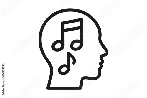 Music in head line icon. Human mind with song and melody. Sound, audio, and composer concept. Psychology of music, creative thinking, passion, and inspiration vector logo.