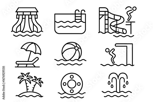 Water Park and Pool Icon Set – Outline Vector Symbols for Swimming, Beach, Resort Vacation, Summer Activities, Water Slides, Diving, Lifeguard, Recreation, Aqua Fun, Beach Ball, Palm Island