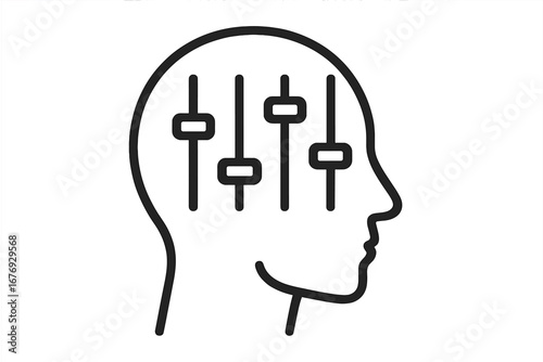 Human Mind Control Concept. Head Silhouette with Adjustment Sliders. Mental Health, Decision Making, Cognitive Process, Psychology, Self-Improvement, Brain Function, Abstract Vector Illustration