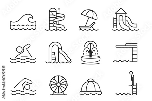 Water Park and Pool Activities Line Icon Pack. Outline Symbols for Swimming, Slides, Diving, Waves, Lifeguard, Fountain, Ferris Wheel, Sun Lounger. Vector Cartoon for Web, Apps, Cards, Summer Leisure